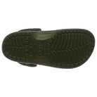 The image shows the sole of the Crocs Classic Camo Clog - Unisex, featuring a textured, non-slip tread and the Crocs logo molded in the center. These slip-on shoes offer comfort for any setting.