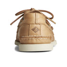 The Sperry A/O 2-EYE LEATHER mens boat shoe in tan leather is shown from the back, featuring stitching details, a heel logo patch, untied leather laces, and a light rubber sole.