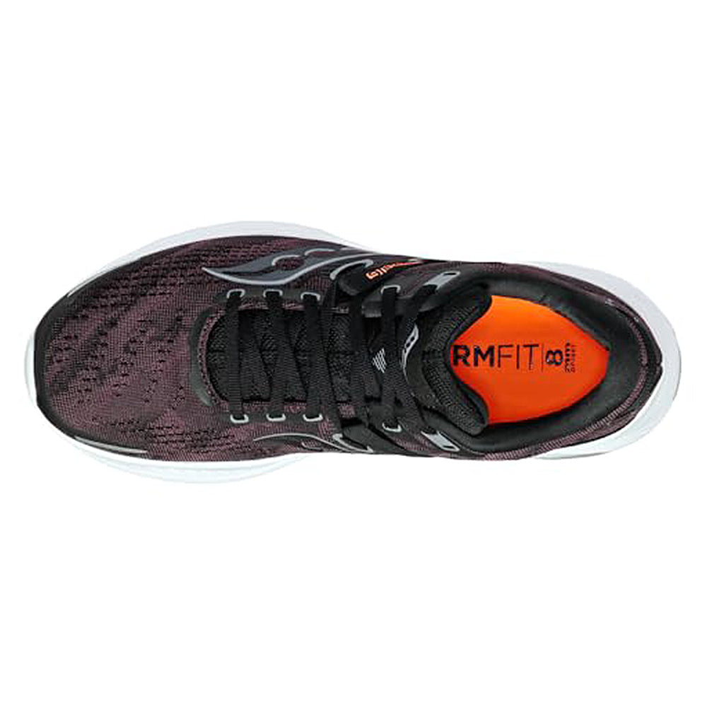 Top view of the Saucony Guide 16 Running Shoe - Womens in black, featuring black laces, cushioned support, a white sole, and an orange insole with RMFIT text. Subtle decorative accents line the sides for added style.