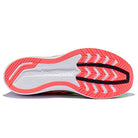 The image displays the sole of the Saucony Endorphin Speed 2 Running Shoe - Mens, with a white base, black grooves, and bright red accents. SPEEDROLL technology promotes smooth transitions, and Saucony appears subtly in the center.