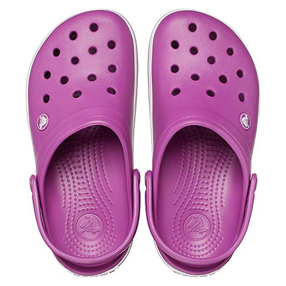 A pair of purple Crocs Crocband Clog Seasonal Colors - Unisex with ventilation holes and adjustable heel straps, viewed from above.