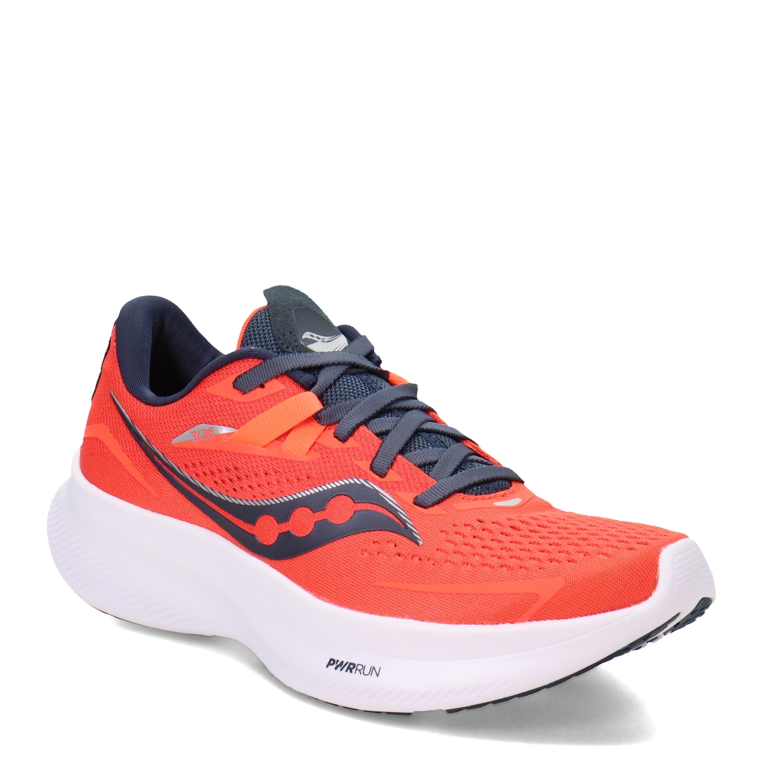 The Saucony Ride 15 - Womens is a bright orange running shoe with dark blue laces, details, and lining, featuring a thick white sole with PWRRUN cushioning and the Saucony logo on the side.