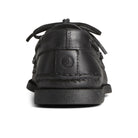Rear view of the Sperry A/O 2-EYE LEATHER mens boat shoe in black leather, featuring visible stitching, classic top laces, and an embossed sailboat logo on the back heel against a white background.