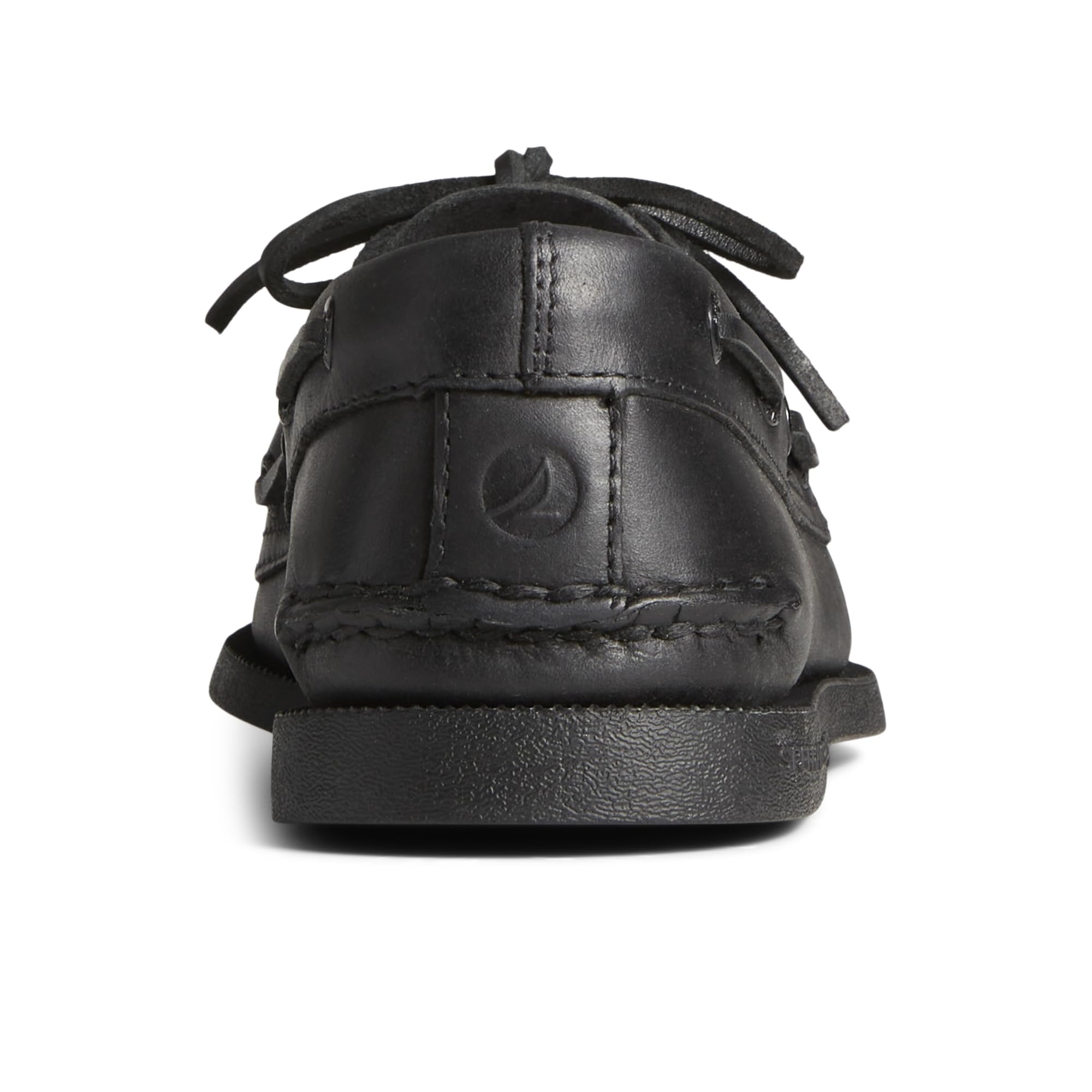 Rear view of the Sperry A/O 2-EYE LEATHER mens boat shoe in black leather, featuring visible stitching, classic top laces, and an embossed sailboat logo on the back heel against a white background.