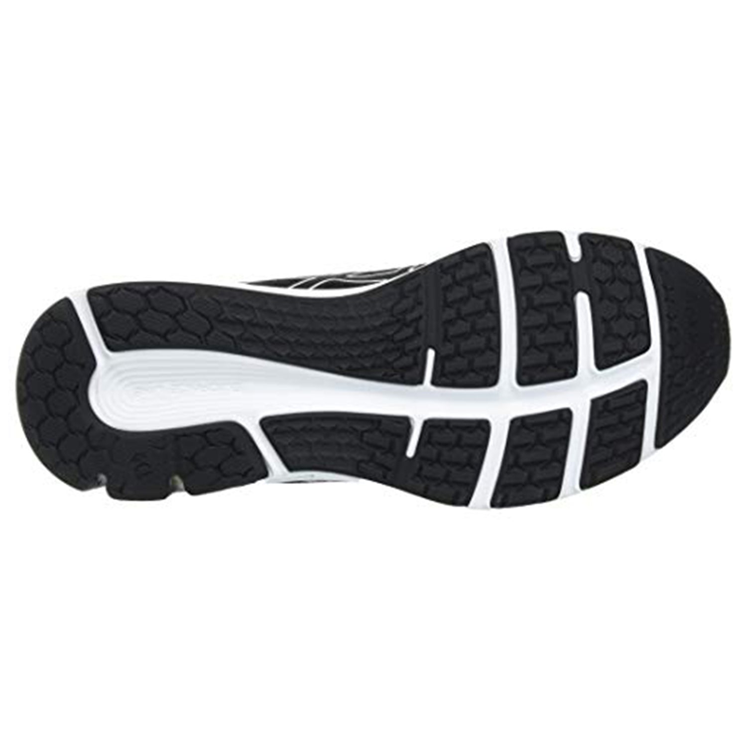 Bottom view of the ASICS GEL-PULSE 12 - Mens running shoe sole, showing a textured tread with hexagonal shapes and deep grooves for traction and flexibility, plus ASICS GEL technology for enhanced cushioning.