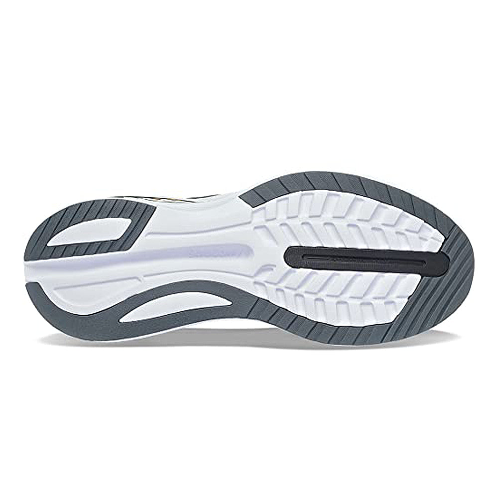 The image shows the outsole of the Saucony Guide 16 Running Shoe for men, displaying a mix of white, grey, and black rubber with a textured traction pattern. Grooves and ridges enhance flexibility and stability in this cushioned running shoe.