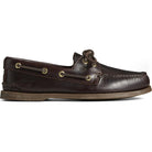 The Sperry A/O 2-EYE LEATHER mens boat shoe features classic white stitching, gold eyelets, leather laces, and a flat rubber sole in a timeless side profile.