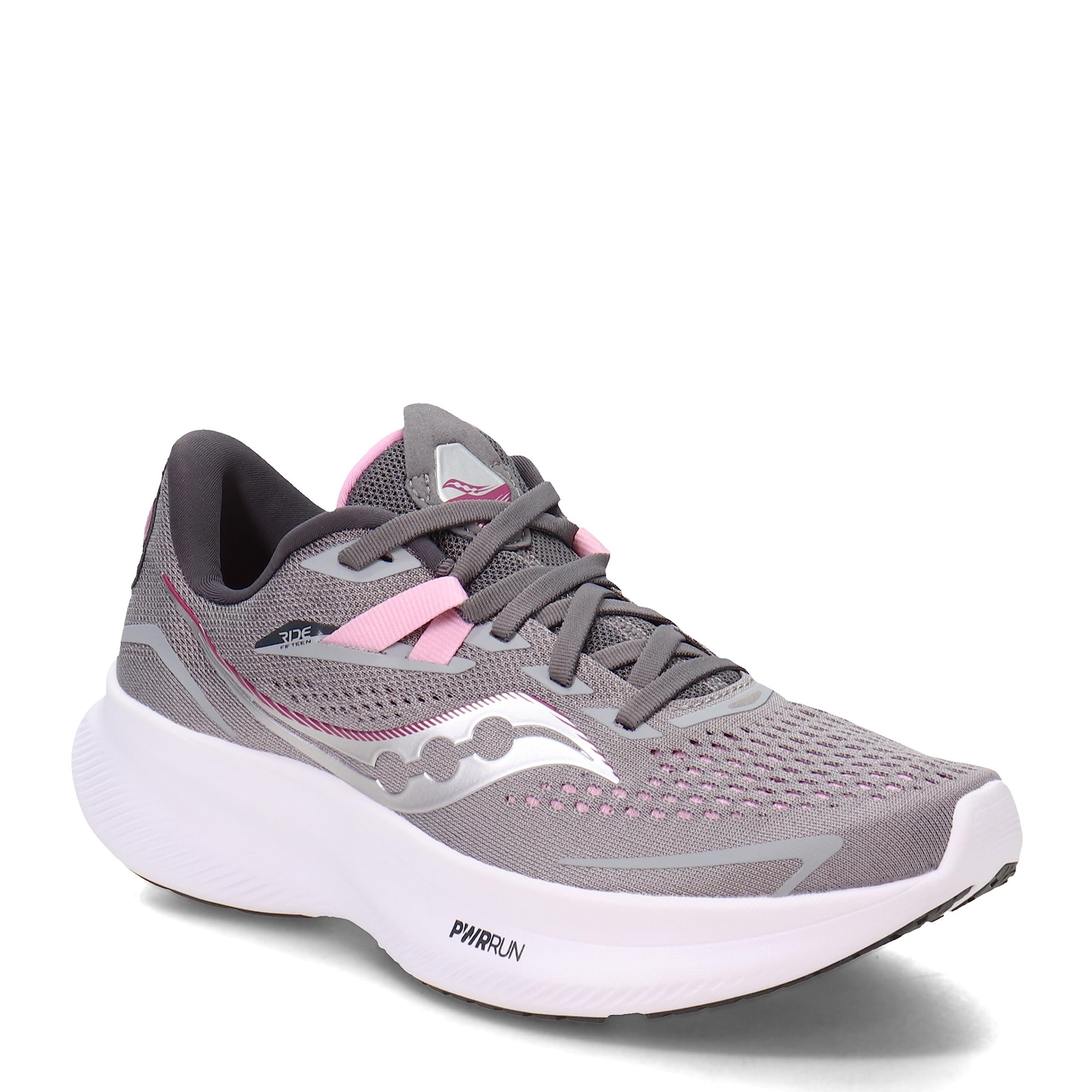 The Saucony Ride 15 - Womens is a gray running shoe with pink accents, a breathable mesh upper, cushioned white PWRRUN sole, lace-up closure, and the Saucony logo on the side.