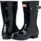 A pair of glossy navy Hunter Original Short Rain Boots for women, featuring waterproof design and Hunter branding.