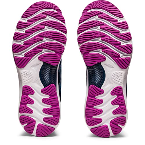 The ASICS Gel Nimbus 23 - Womens shoes are shown from the bottom, highlighting their purple and white textured soles with wavy tread patterns for traction and shock absorption.