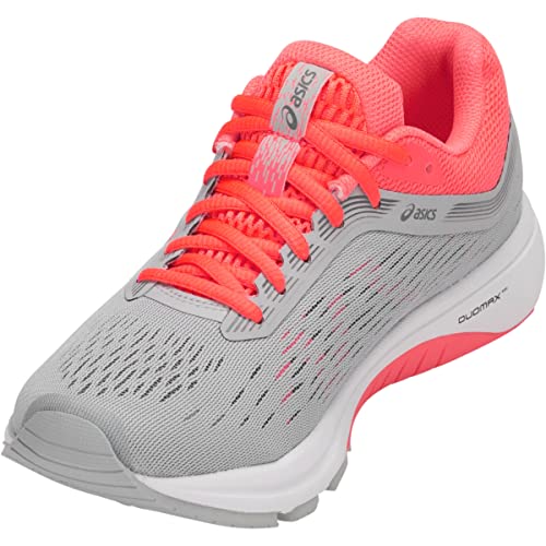 The ASICS GT-1000 7 - Womens features a gray and coral pink mesh upper, coral laces, white cushioned sole with DUOMAX support, and ASICS logo on the side—designed for road stability running.