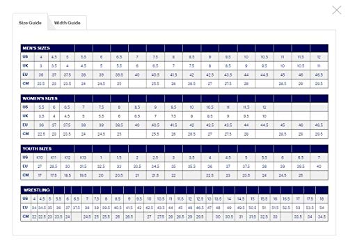 ASICS Gel Dedicate 7 - Mens size conversion chart for men, women, youth, and wrestling. Find your perfect fit with US, UK, EU, and CM sizes in a table featuring blue headers on a white background.