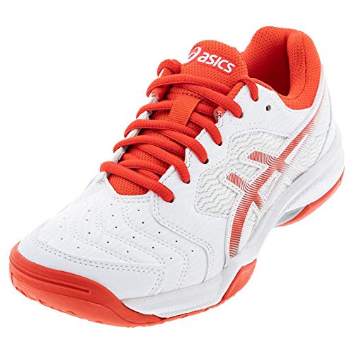 The ASICS GEL-DEDICATE 6 - Womens features a white design with red laces, sole, and logo, shown against a white background—perfect tennis court shoes.