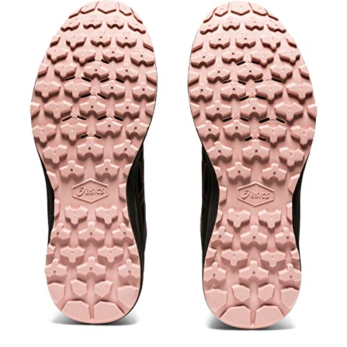 The image displays the soles of ASICS Trail Scout - Womens trail running shoes, featuring pink, textured treads with a patterned design and the ASICS logo at the center—ideal for trail running enthusiasts.