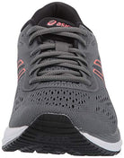 Front view of the ASICS Gel-Excite 6 - Womens running shoe in gray with black laces, pink accents, breathable mesh upper, white sole with visible GEL tech, and the ASICS logo on the tongue.
