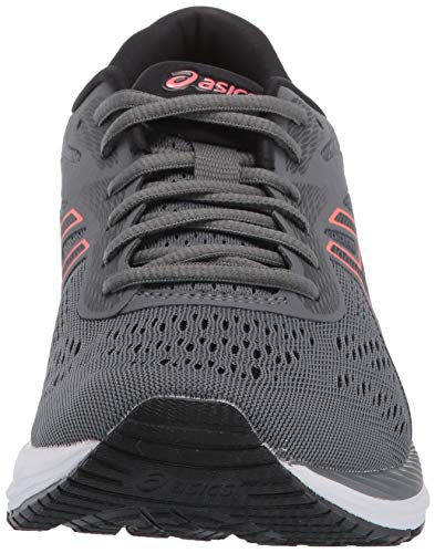 Front view of the ASICS Gel-Excite 6 - Womens running shoe in gray with black laces, pink accents, breathable mesh upper, white sole with visible GEL tech, and the ASICS logo on the tongue.