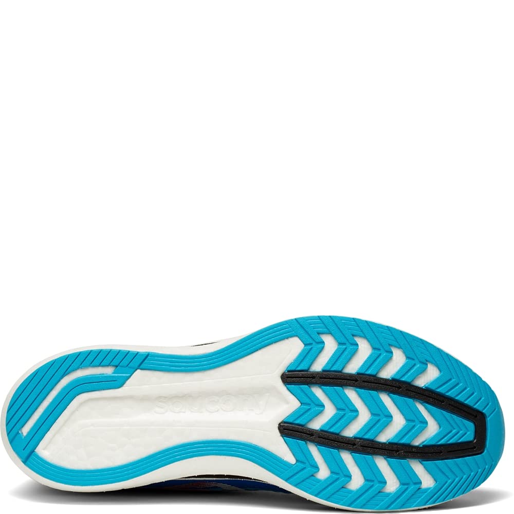 The image shows the sole of the Saucony Endorphin Speed 2 Running Shoe - Mens, featuring a blue outsole with black and white accents, chevron tread for traction, and SPEEDROLL technology for a responsive ride.