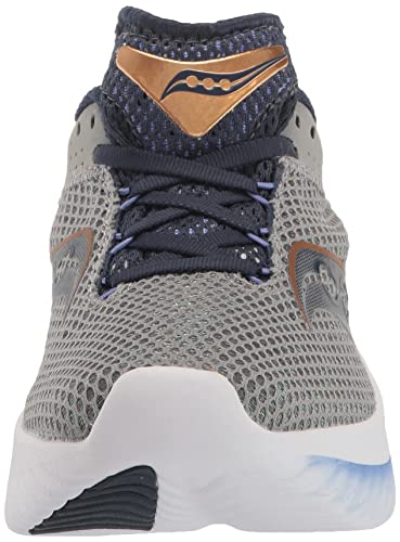 Front view of the womens Saucony Kinvara 14 Running Shoe in gray, featuring a mesh upper, navy blue laces, bronze accents, PWRRUN foam-cushioned white sole with a black tip, and Saucony logo on the tongue.