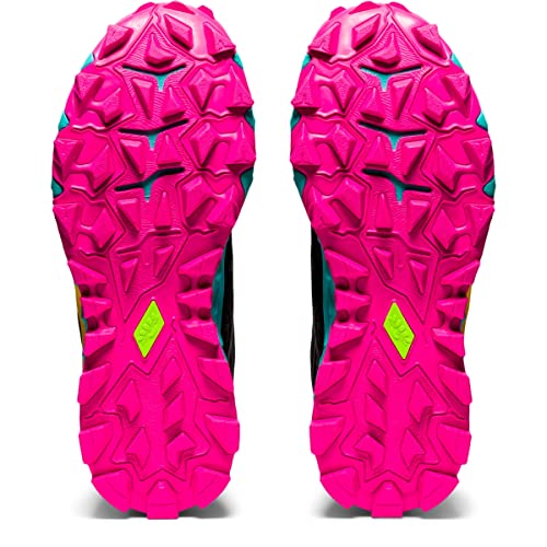 Two ASICS GEL-FujiTrabuco 8 - Womens trail running shoes are pictured from below, showing bright pink rugged soles with deep treads, yellow accents near the arch, and an angular tread pattern engineered for traction.