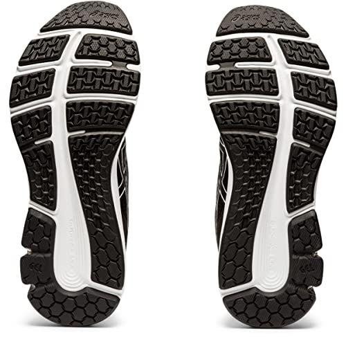 A pair of black and white ASICS GEL-PULSE 12 - Womenss running shoes are shown from the bottom, featuring textured rubber soles with patterned treads for traction and an AmpliFoam midsole for comfort.