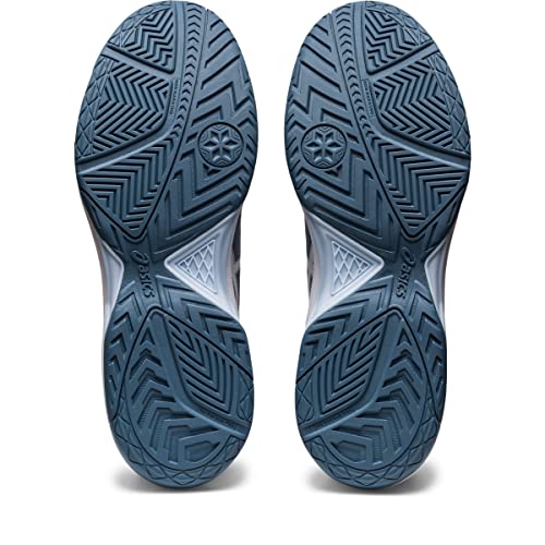 The ASICS Gel Dedicate 7 - Mens tennis shoes in blue and white are shown from below, displaying their textured rubber outsoles with geometric grooves designed to boost traction and stability on the court.