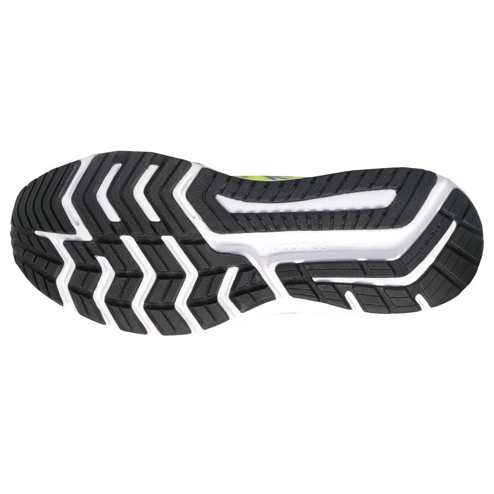 The image shows the black rubber outsole of the Saucony Omni 20 Running Shoe - Mens, with white accents and a zigzag tread pattern for enhanced traction.