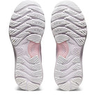 The image shows the outsoles of ASICS Gel Nimbus 23 - Womens running shoes in white and light pink with a wavy, textured pattern designed for shock absorption, viewed side by side from below.