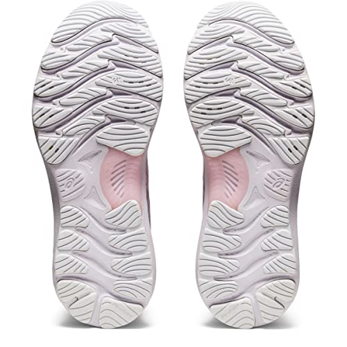 The image shows the outsoles of ASICS Gel Nimbus 23 - Womens running shoes in white and light pink with a wavy, textured pattern designed for shock absorption, viewed side by side from below.