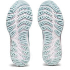 Pair of ASICS Cumulus 23 - Womens running shoes in light blue and white, shown from the bottom with wavy, grooved treads—engineered for lightweight cushioning and optimal performance against a white background.