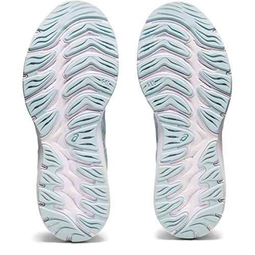 Pair of ASICS Cumulus 23 - Womens running shoes in light blue and white, shown from the bottom with wavy, grooved treads—engineered for lightweight cushioning and optimal performance against a white background.