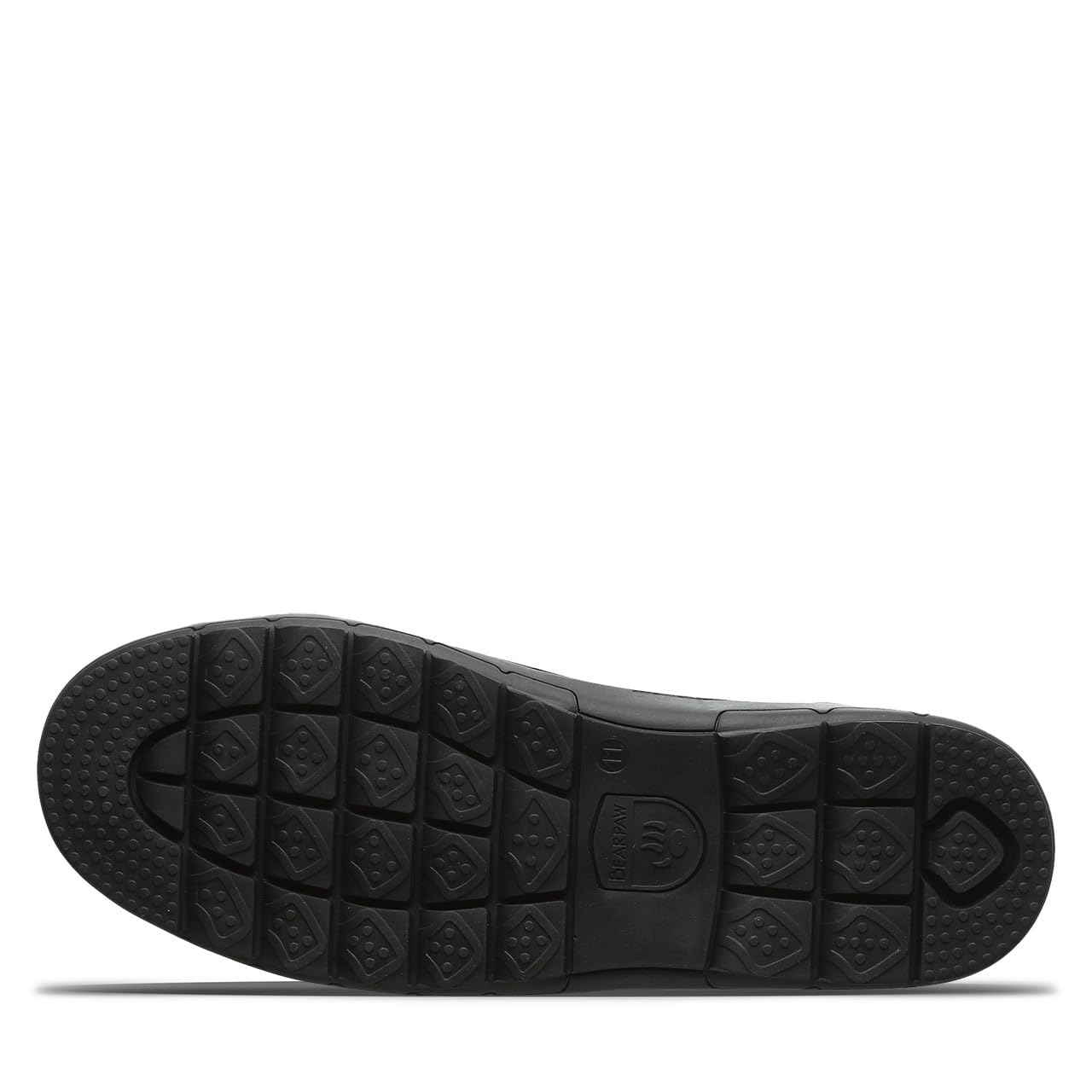 The image displays the black rubber outsole of BEARPAW Harry Slippers - Mens, featuring a patterned tread with square and round textures plus a central logo, offering grip ideal for cozy wear.