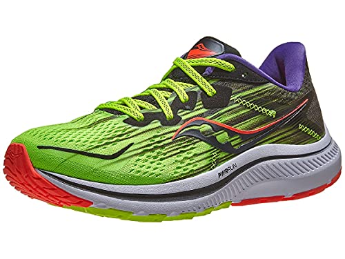 The Saucony Omni 20 Running Shoe for men features a bright green and black design with red and white accents, purple lining, a textured sole with PWRRUN cushioning, wavy side logo, and breathable mesh upper.