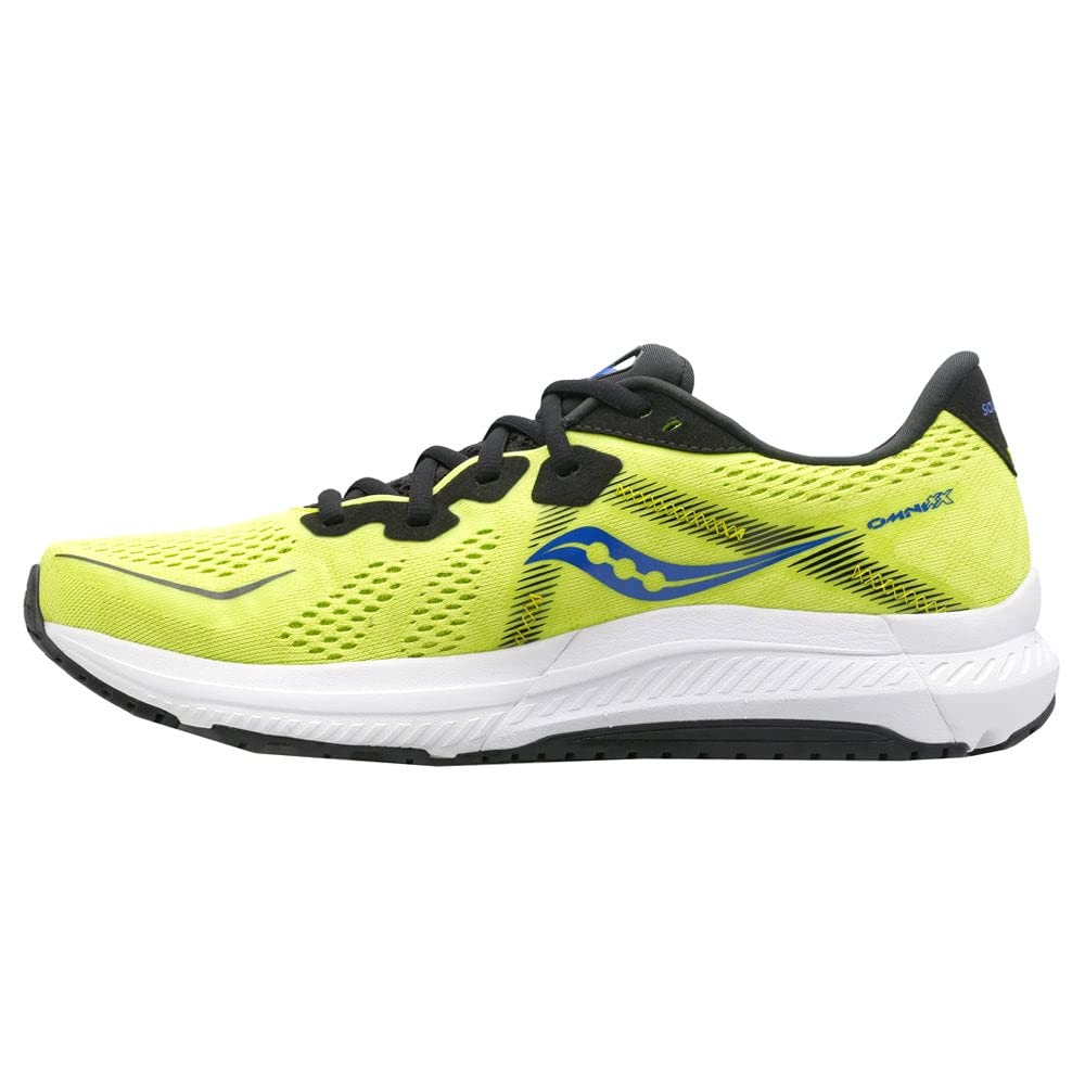 The Saucony Omni 20 Running Shoe - Mens is a bright yellow stability shoe with black laces, blue accents, and a white/black sole. Its mesh upper boosts breathability while PWRRUN cushioning ensures comfort in a sporty side profile.
