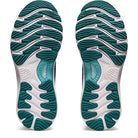 The image shows the soles of ASICS Gel Nimbus 23 - Womens running shoes, featuring a wavy teal and white tread with textured grooves and a translucent arch section for added support and shock absorption.