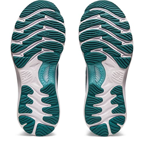 The image shows the soles of ASICS Gel Nimbus 23 - Womens running shoes, featuring a wavy teal and white tread with textured grooves and a translucent arch section for added support and shock absorption.