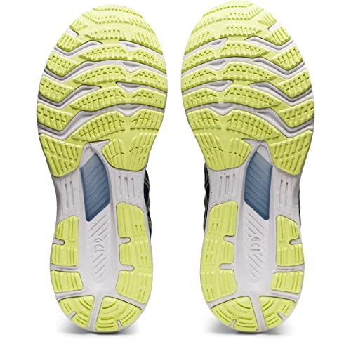 The image shows the yellow, white, and gray patterned outsoles of ASICS Gel Kayano 28 - Mens stability running shoes. The bottom view displays multi-grooved, textured tread for grip and advanced GEL technology.