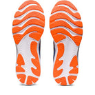 The image displays the soles of the ASICS Gel Cumulus 24 - Mens shoes, designed for everyday training and featuring an orange and white wavy tread pattern on a plain white background.
