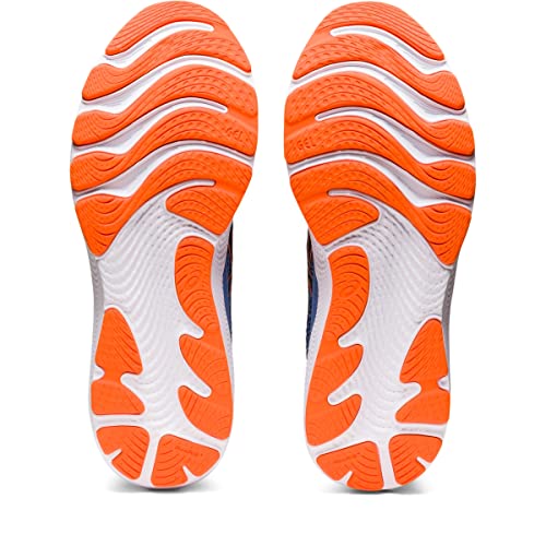 The image displays the soles of the ASICS Gel Cumulus 24 - Mens shoes, designed for everyday training and featuring an orange and white wavy tread pattern on a plain white background.