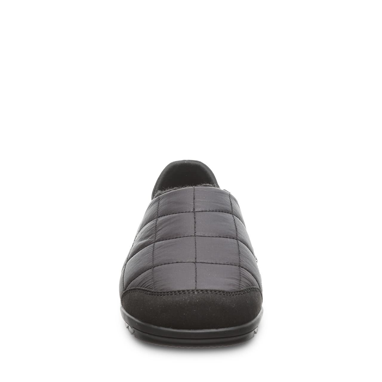 Front view of BEARPAW Harry Slippers – Mens, featuring a black quilted slip-on design with a rounded toe and grid pattern upper, ideal for anyone seeking cozy and stylish comfort.