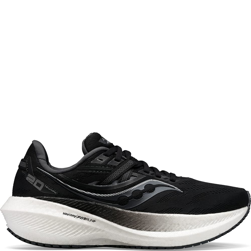 The Saucony Endorphin Speed 3 Running Shoe - Womens features a black mesh upper, white and gray thick sole, silver side stripe, 20 near the heel, and lace-up closure—ideal for daily training.