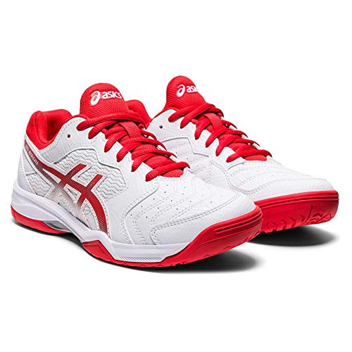 A pair of womens ASICS GEL-DEDICATE 6 tennis shoes in white with red soles, laces, and accents, featuring the ASICS logo on the side and tongue.