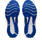 The image displays the soles of ASICS GT-1000 12 - Mens running shoes. The blue soles with white and black accents feature a textured pattern for traction, engineered to support overpronation.
