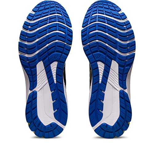 The image displays the soles of ASICS GT-1000 12 - Mens running shoes. The blue soles with white and black accents feature a textured pattern for traction, engineered to support overpronation.