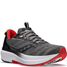 The Saucony Omni 21 Running Shoe for men is gray with black and white details, red inner lining, and a red and white sole. It features dual-density PWRRUN cushioning and engineered midfoot support, shown angled to display the side and front.