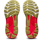 The image displays the soles of ASICS Gel Kayano 29 - Mens running shoes, featuring a wavy olive green tread with bright red and white accents, designed for stability. The shoes are side by side with toes pointing upward.