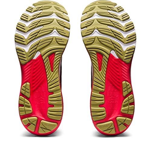 The image displays the soles of ASICS Gel Kayano 29 - Mens running shoes, featuring a wavy olive green tread with bright red and white accents, designed for stability. The shoes are side by side with toes pointing upward.
