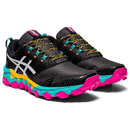 The ASICS GEL-FujiTrabuco 8 Womens trail running shoes feature a black design with yellow and teal accents, a white side logo, yellow-black laces, and bright pink-teal rugged soles—ideal for outdoor adventures—shown on a white background.