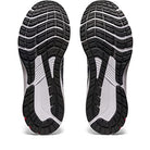 The image shows the soles of ASICS GT-1000 11 - Mens running shoes with black rubber outsoles, patterned tread, and white midsole accents featuring FLYTEFOAM cushioning. The shoes are side by side with soles facing upward.