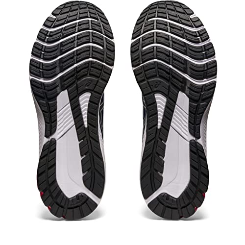 The image shows the soles of ASICS GT-1000 11 - Mens running shoes with black rubber outsoles, patterned tread, and white midsole accents featuring FLYTEFOAM cushioning. The shoes are side by side with soles facing upward.