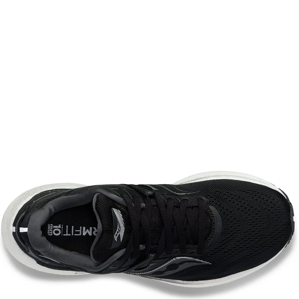 Top view of the womens Saucony Endorphin Speed 3 running shoe in black with a white sole and gray accents, mesh upper, and RMTION text partially visible on the insole—perfect for daily training.